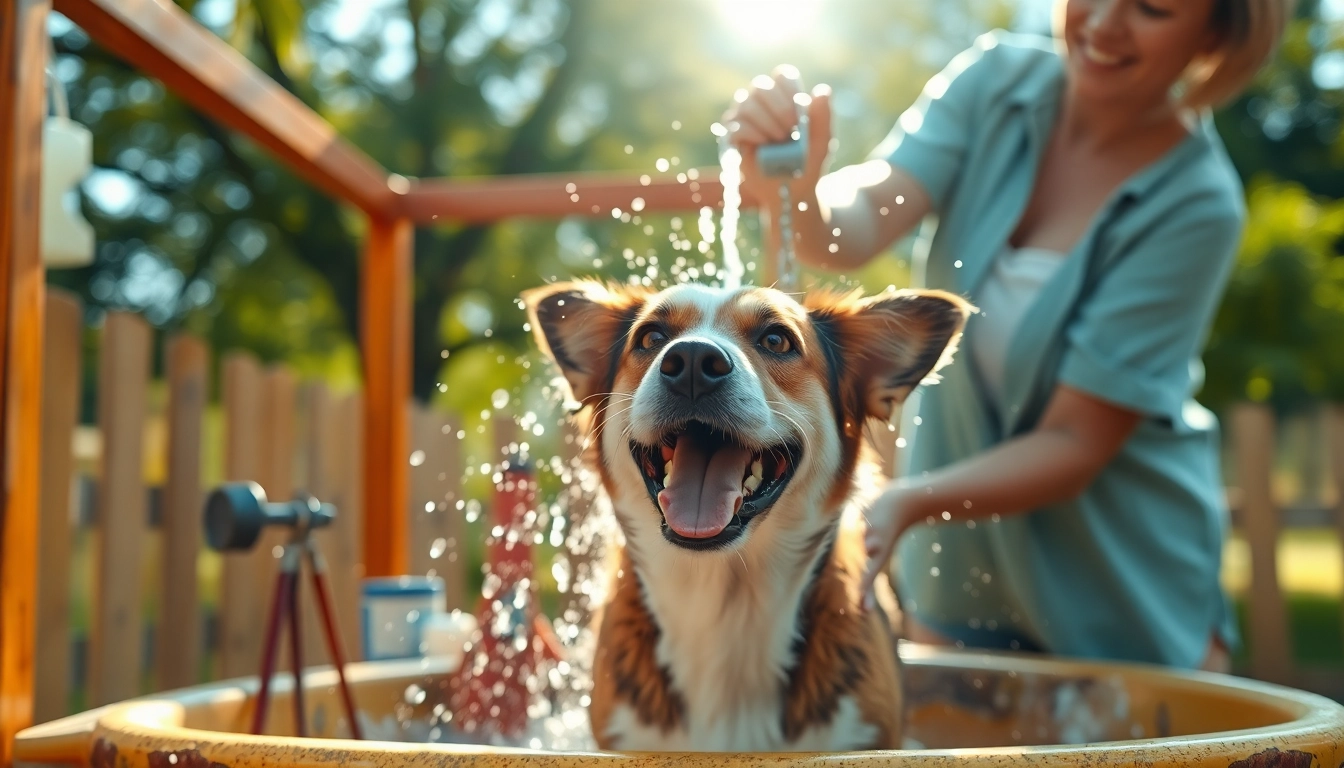 Dog wash near me: A joyful owner bathing a dog at a colorful outdoor wash station.