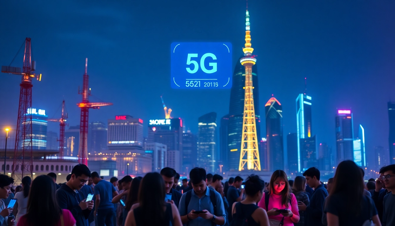 繁忙城市夜景，展示5G移動網絡塔及人們使用智能手機的場景，強調5G技術的速度和效率。