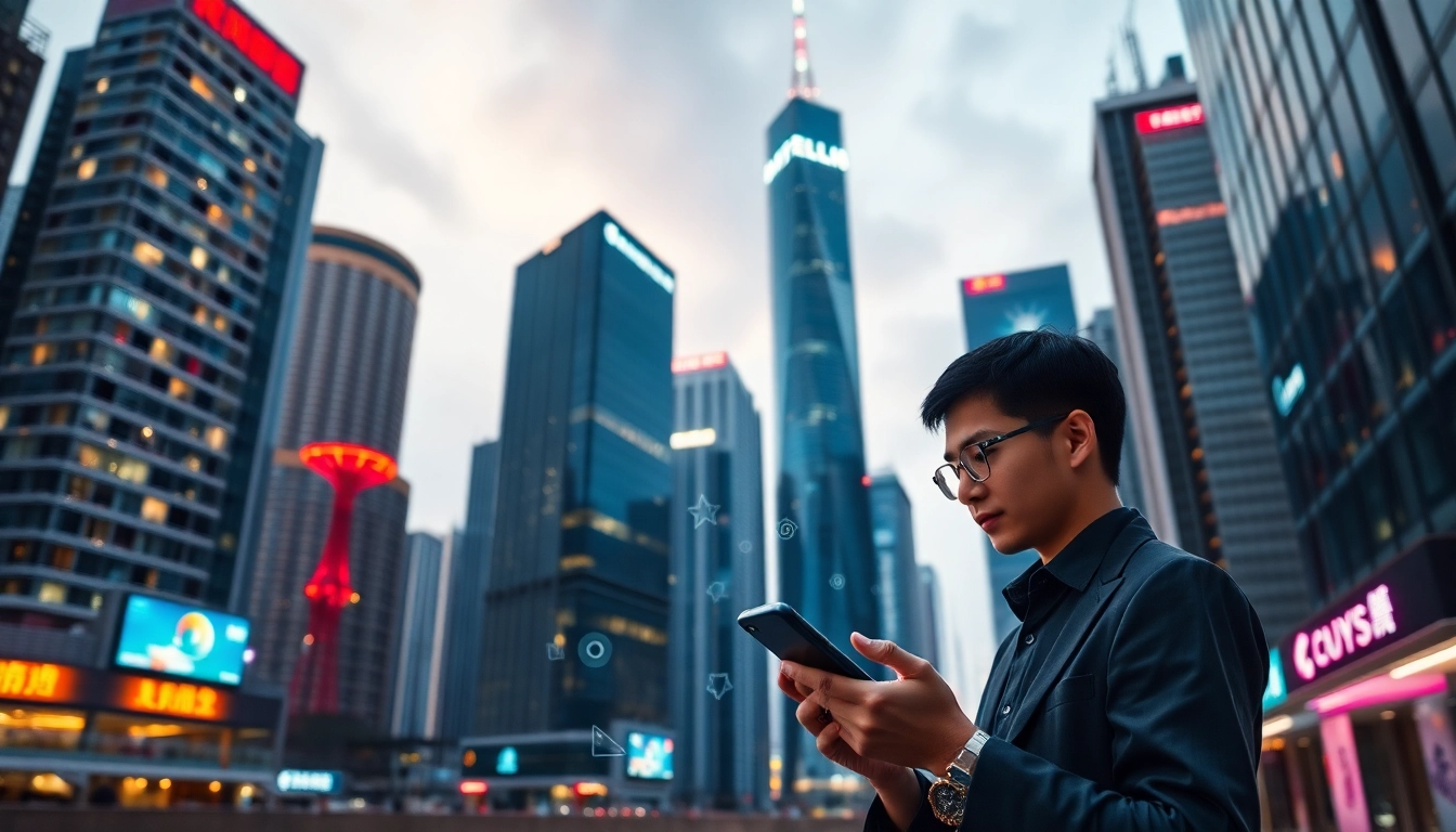 香港夜景中一名年輕專業人士使用手機，背景是點亮的摩天大樓與科技信號，展現5G網絡的高速與穩定。