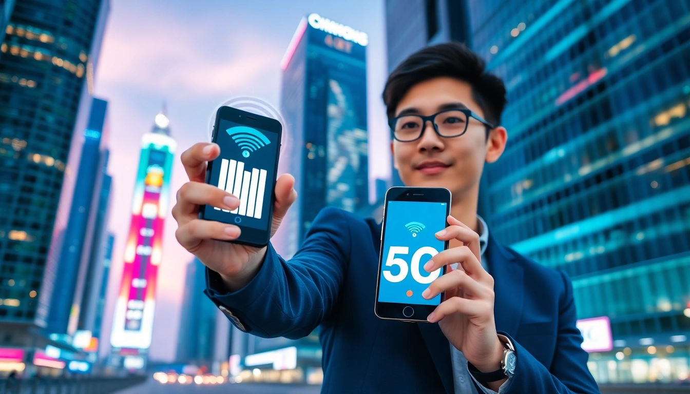 香港繁華都市夜景，展示高科技5G通訊與現代數碼生活的融合，畫面中青年專業人士手持智能手機，背景是閃耀的摩天大樓與數據連接圖像。