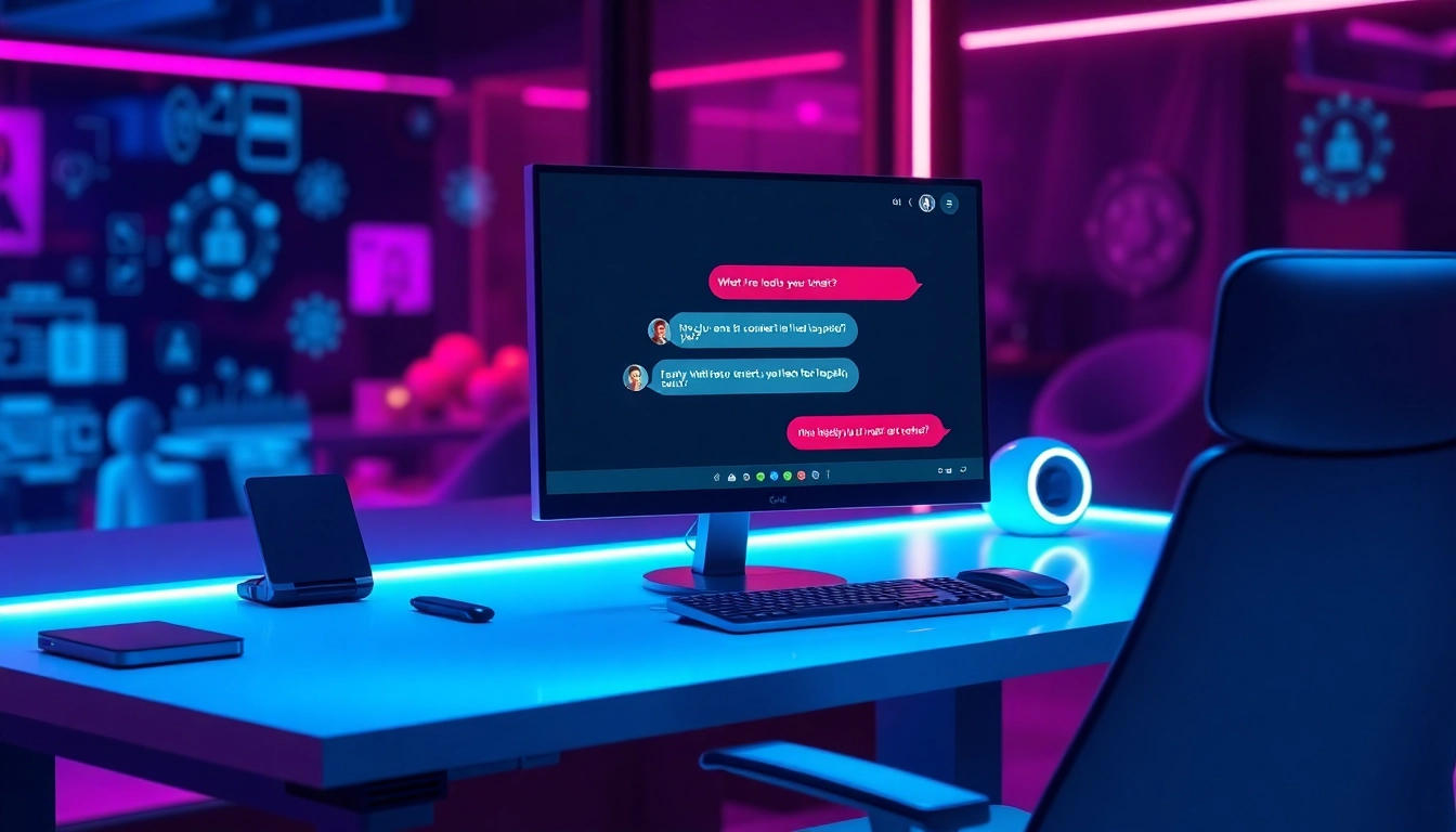 A futuristic workspace with a digital chat interface showcasing AI sex chat on a high-tech screen.