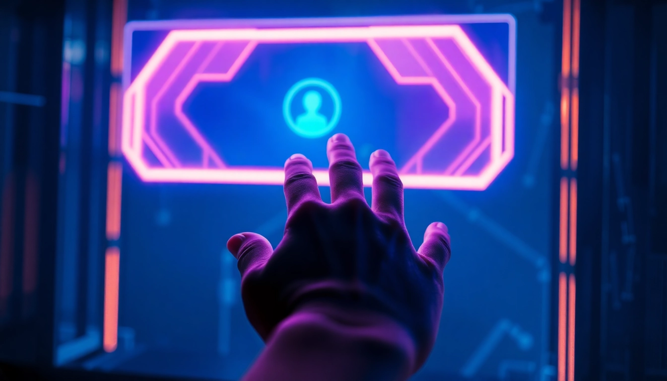Close-up of a human hand interacting with a glowing AI chat interface with neon blue and purple lights in a modern tech setting.