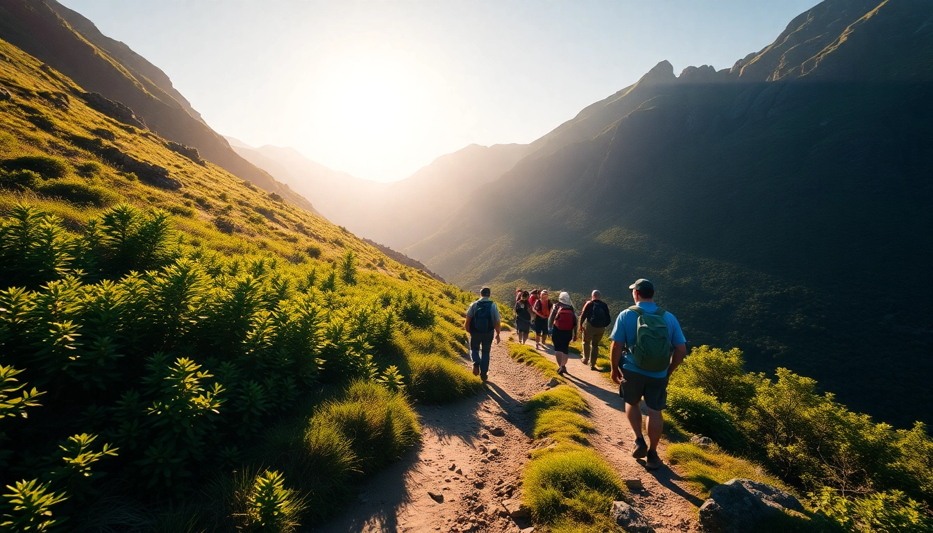 Guided hike in lush mountains with an expert guide leading an enthusiastic group along a scenic trail, highlighting adventure and guidance.