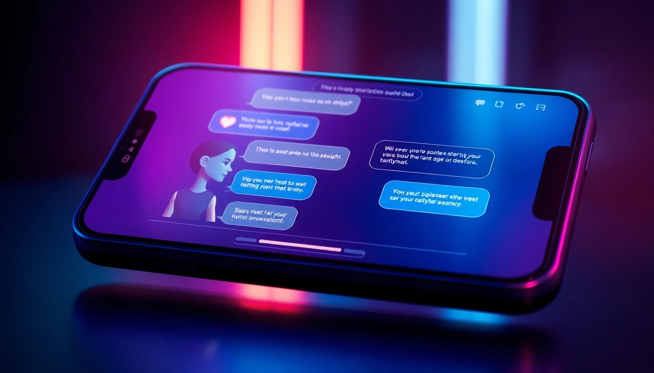 Futuristic digital illustration of AI characters engaging in spicy chat on a sleek device screen with neon accents.