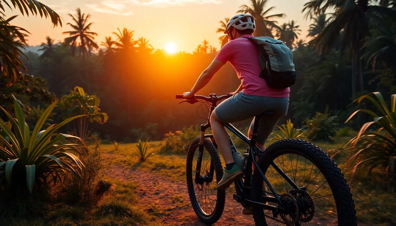 Trek mountain bike navigating Indonesian rainforest trail during adventure ride