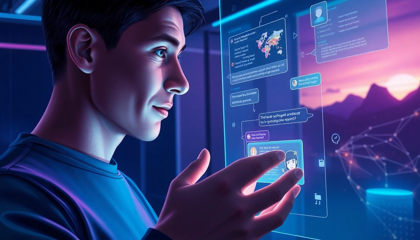 Person interacting with a futuristic holographic AI chatbot interface in a high-tech room.