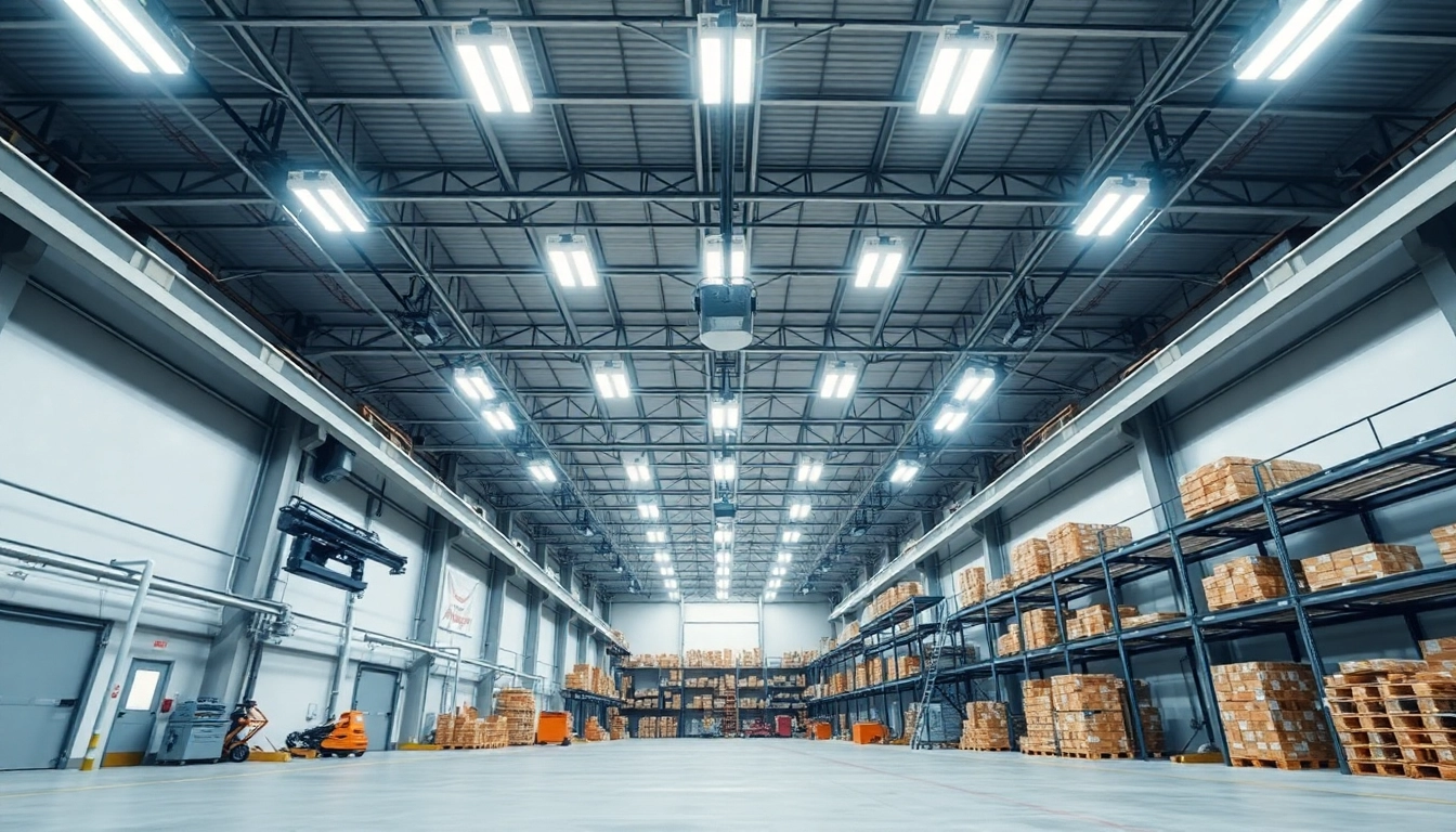 Moderne Industriehalle mit LED-Beleuchtung und sichtbarer Lagertechnik