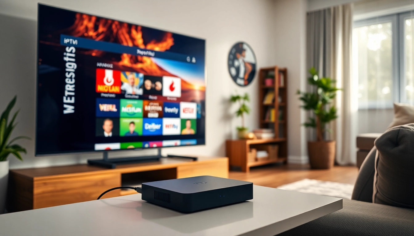 Stream via IPTV Nederland: modern TV with IPTV box displaying Dutch and international channels, easy setup, clear image quality.