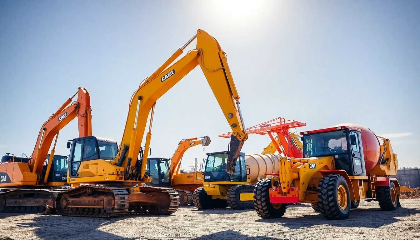 Construction equipment rental offers cranes and excavators in action on a busy site, showing professionalism and readiness for large projects.