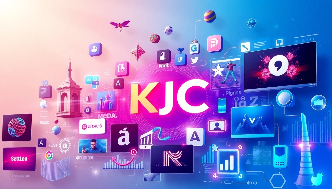 KJC brand logo displayed prominently alongside global entertainment symbols and vibrant digital