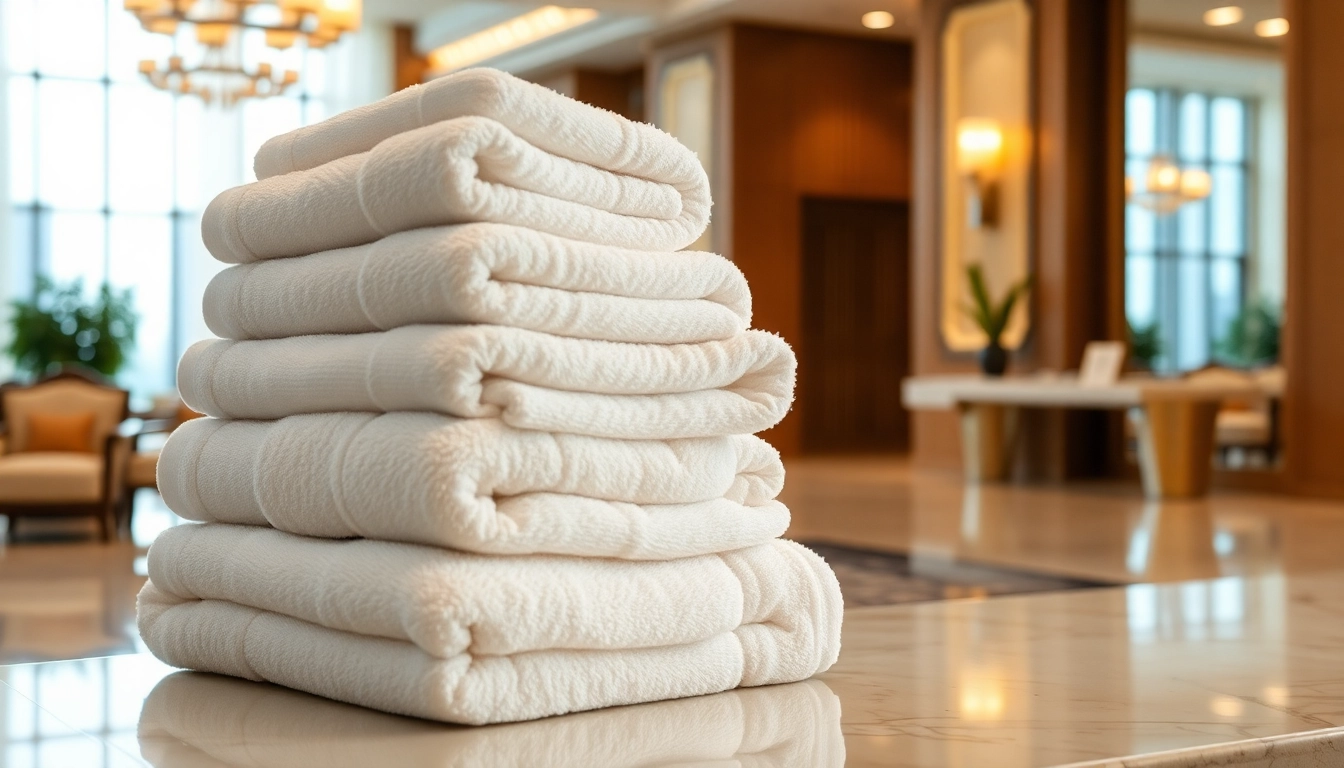 Professional hotel towel supplier showcasing premium white towels in a hospitality setting for guest comfort and luxury.
