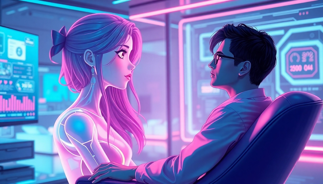 Futuristic scene of a person interacting with a holographic AI girlfriend in a high-tech room, glowing with neon lights and detailed digital textures.
