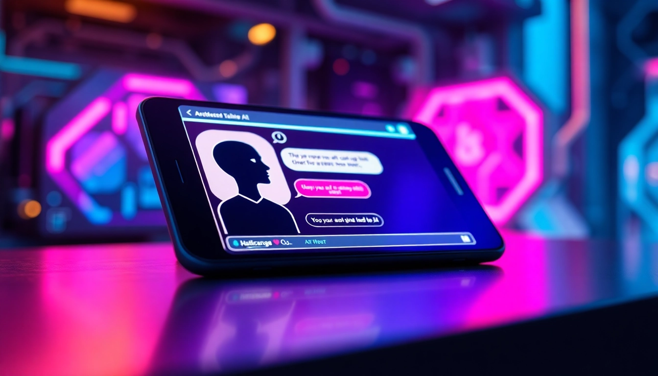 Close-up of a futuristic digital chat interface on a device screen with neon accents and a user engaging with an AI character.
