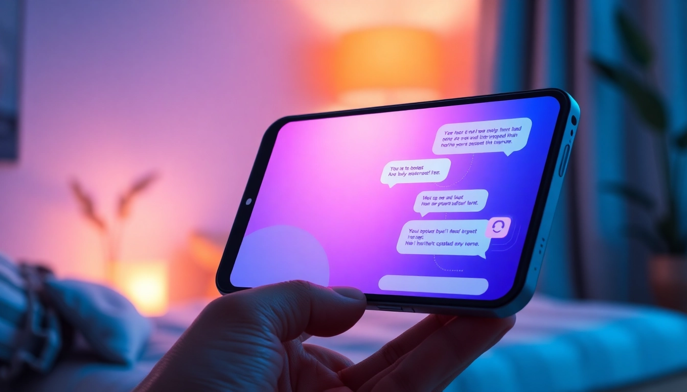 A smartphone displaying a friendly AI character chat interface in a cozy, modern setting.
