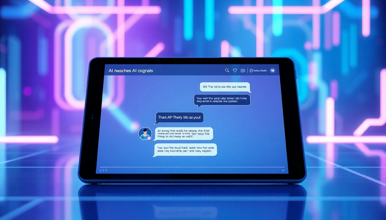 Futuristic digital chat interface on a tablet with glowing holographic elements and neon accents.