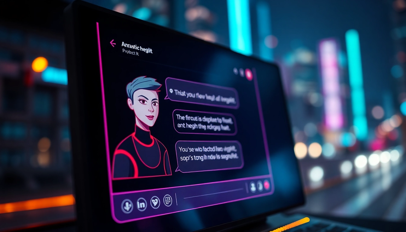 Futuristic AI chatbot interface with a confident avatar and vibrant neon lights on a dark background.
