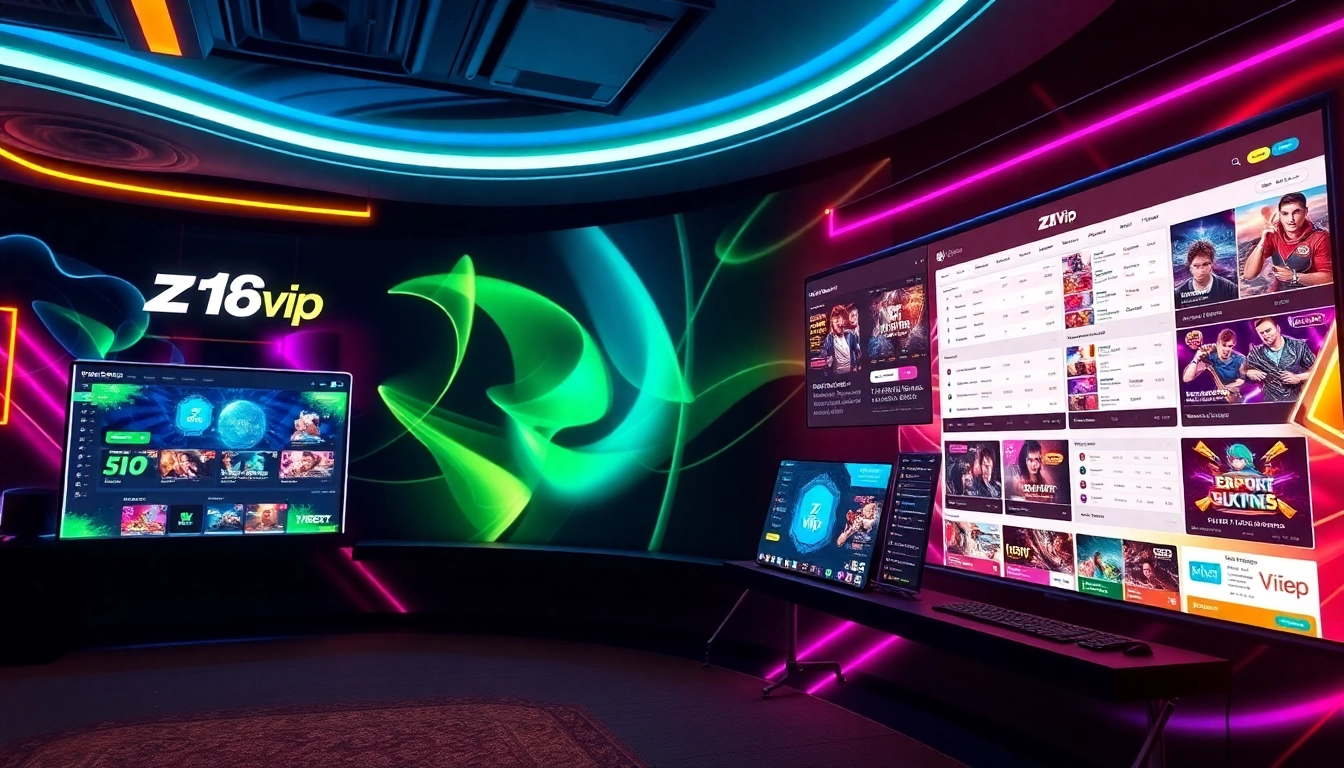 Z16vip branded online casino platform with neon visuals and engaging user interface, conveying