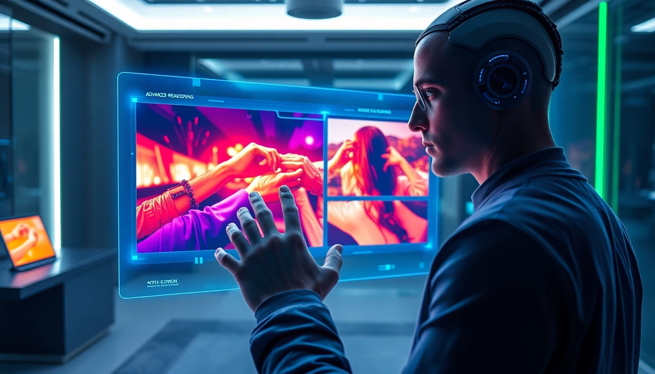 A futuristic AI interface with holographic displays showcasing advanced image editing in a modern workspace.