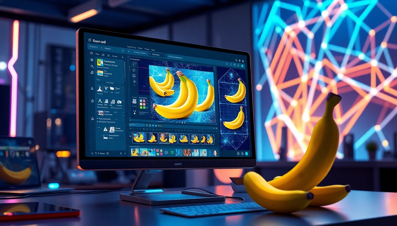 Futuristic workspace featuring the Nano Banana AI interface with vibrant banana images being edited using advanced AI tools.