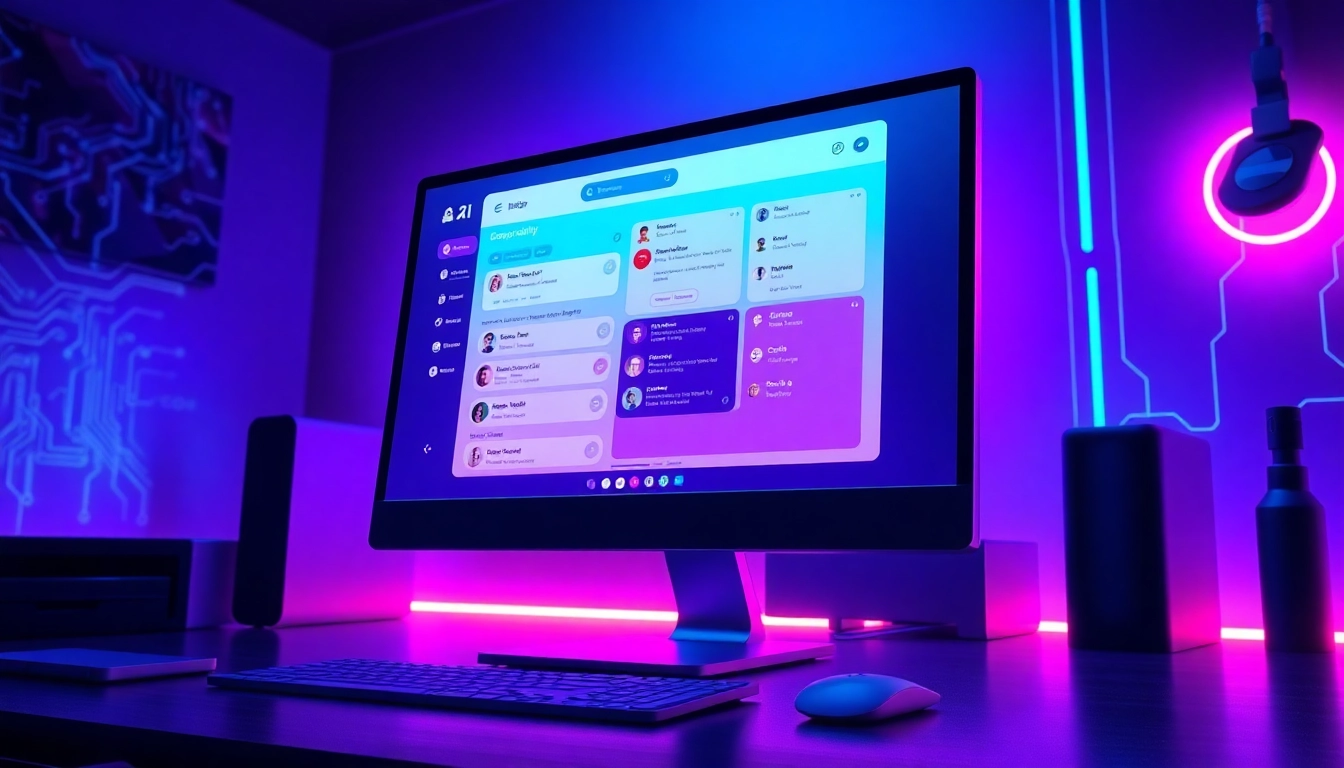 Futuristic AI chatbot platform interface on a sleek computer monitor with neon accents in a high-tech workspace.