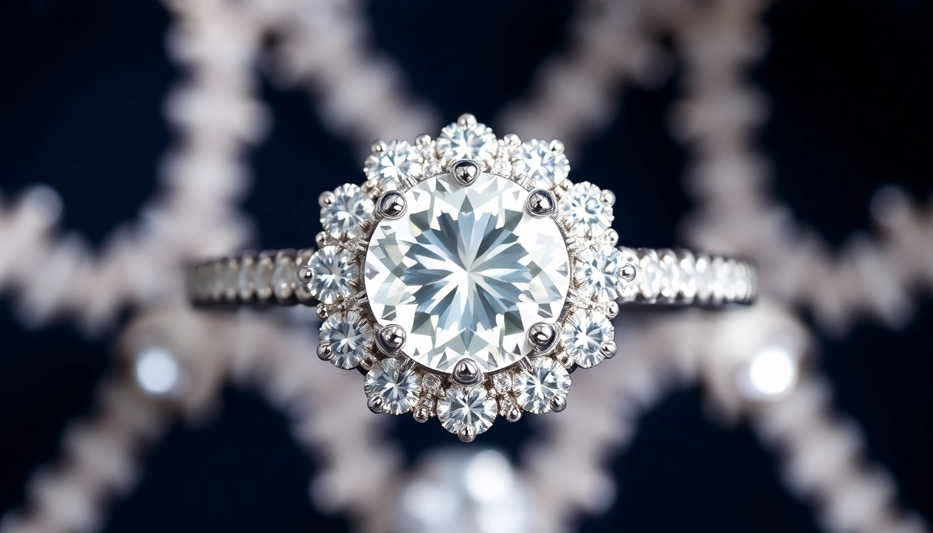 Elegant halo engagement rings with sparkling central diamonds encircled by smaller accent stones, showcasing brilliance and craftsmanship.