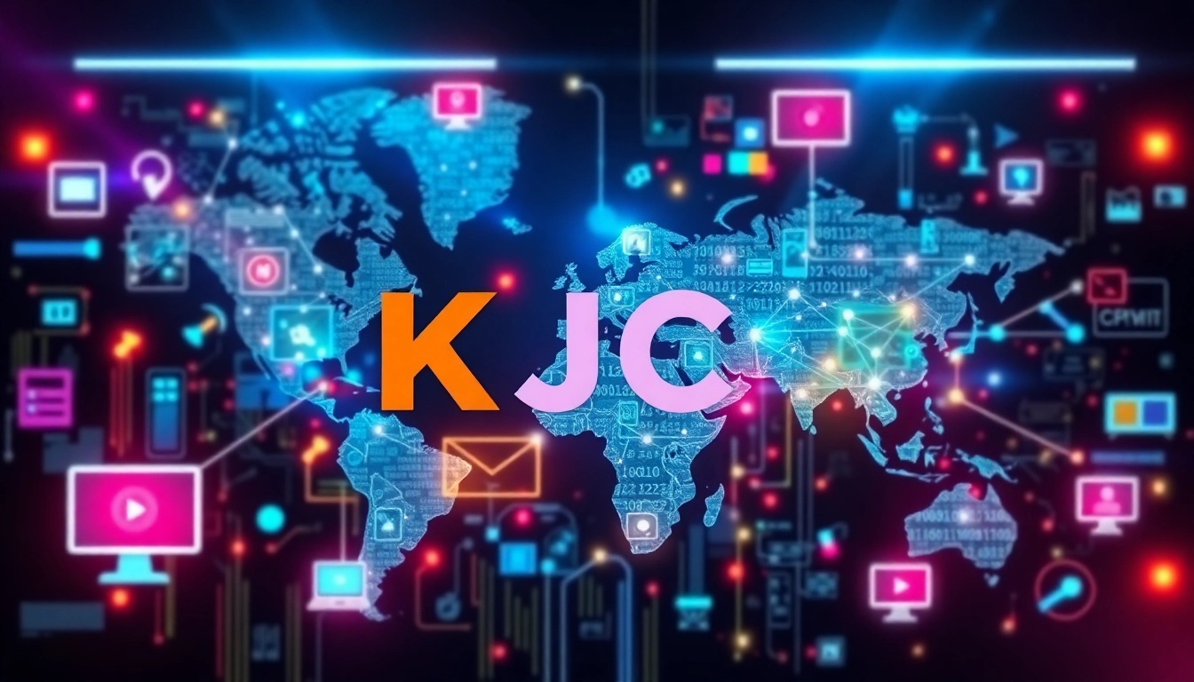 Bold KJC branding with interconnected media platforms and digital innovation visuals, emphasizing global reach and technological advancement for enhanced engagement.