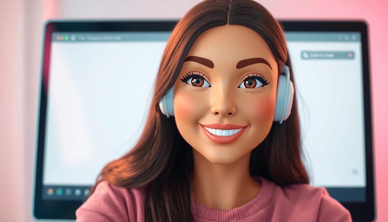 Engaging AI girlfriend chat with a friendly digital avatar in an inviting virtual conversation setting.