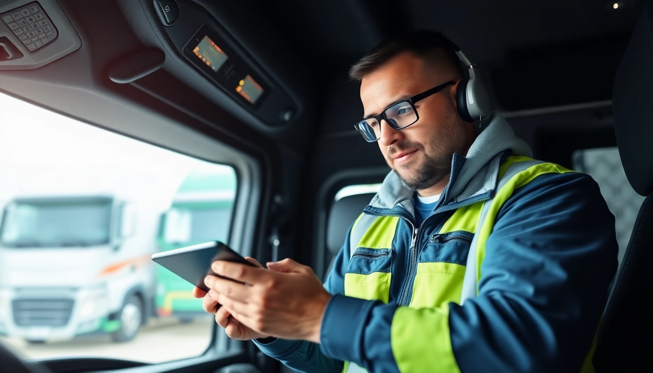 Truckers reading detailed trucker reviews on a digital device inside a truck for informed