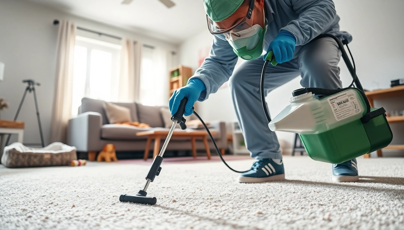Pest control technician treating a carpeted floor in a home environment