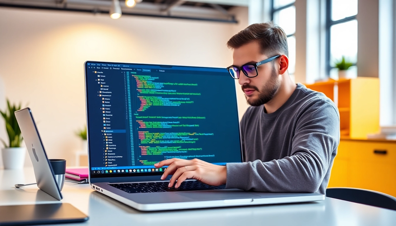 Skilled Node.js developer working on a computer in a professional tech environment for