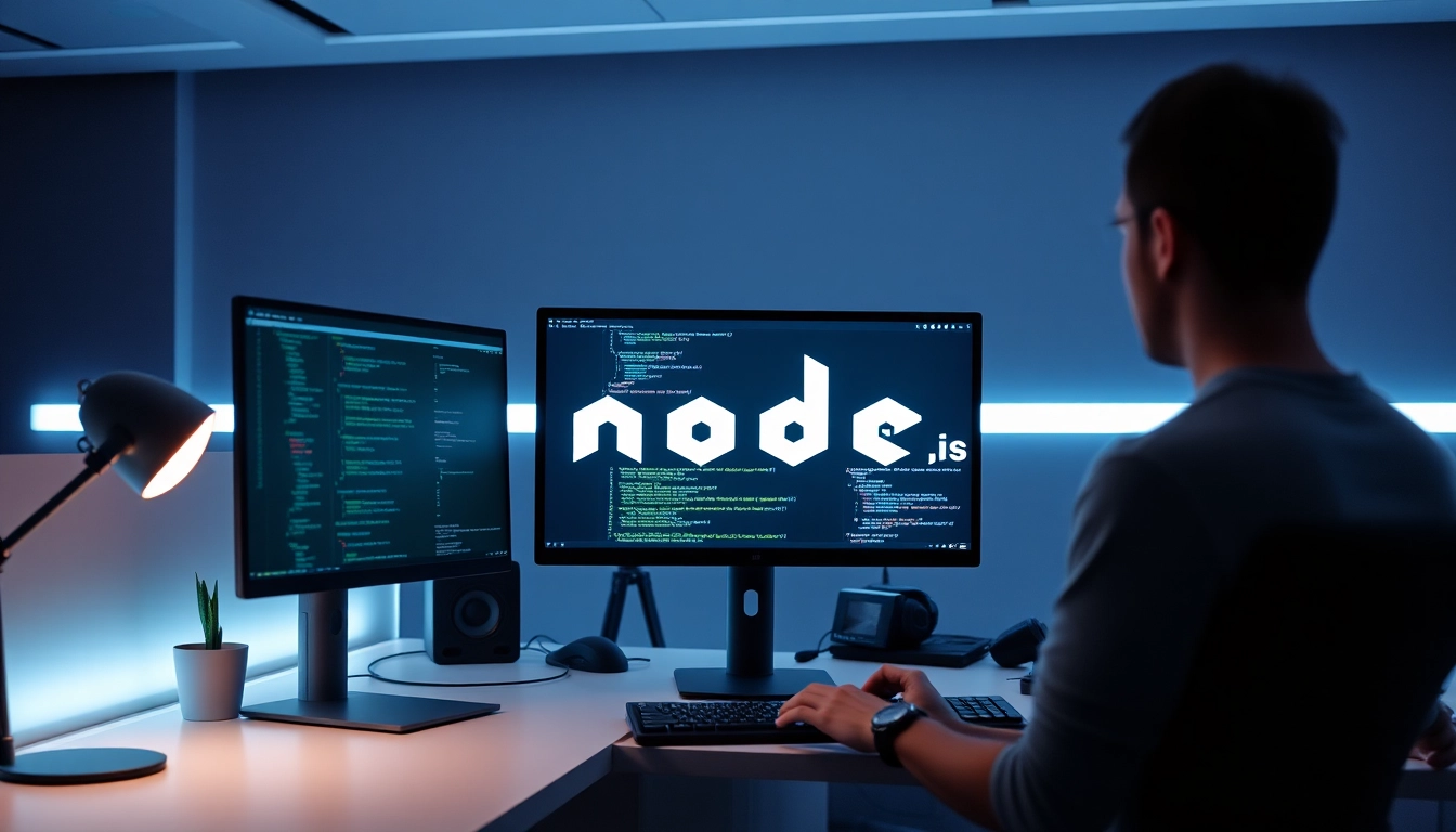 Professional developer working with Node.js on a computer screen in a modern tech office