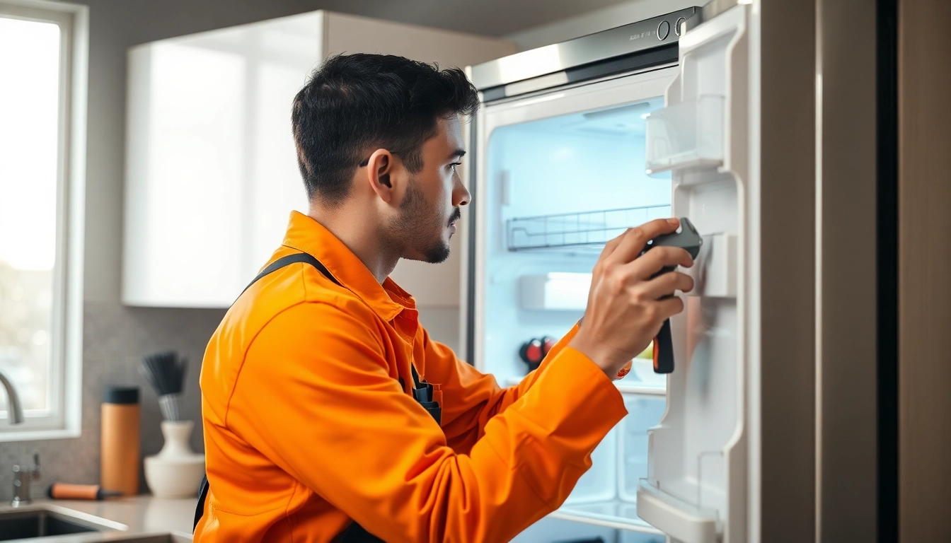 Experienced technician performing appliance repair Hamilton on a refrigerator in a bright