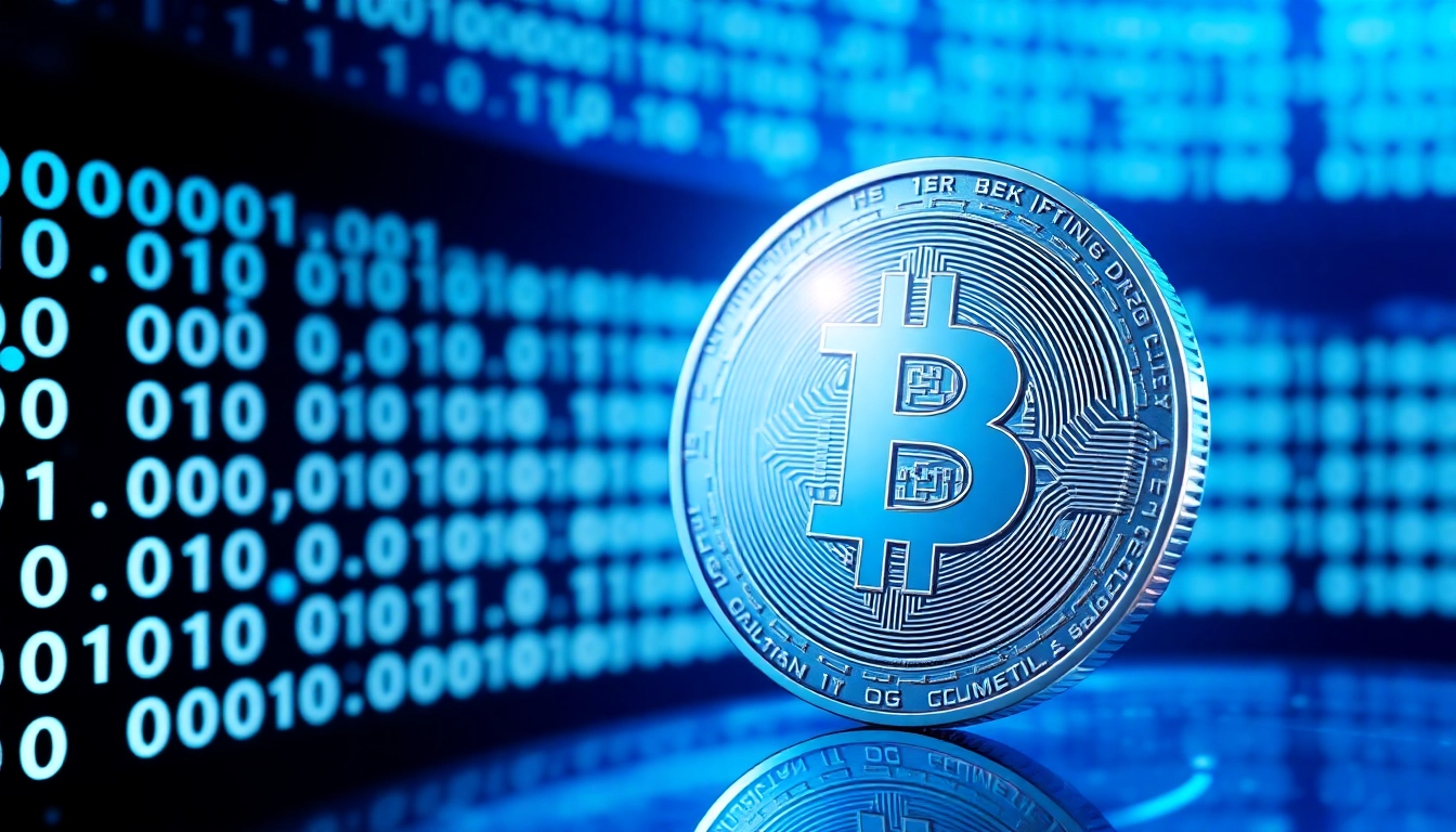 Crypto Investment Guide Visual of a glowing digital coin with binary code behind it,