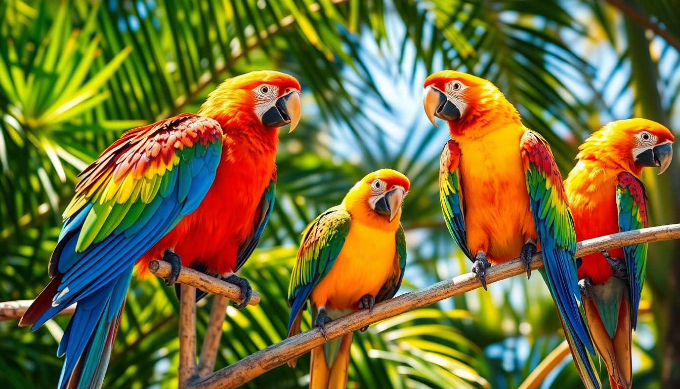 Vivid parrots sitting on tropical branches engaging in natural behaviors for bird lovers and