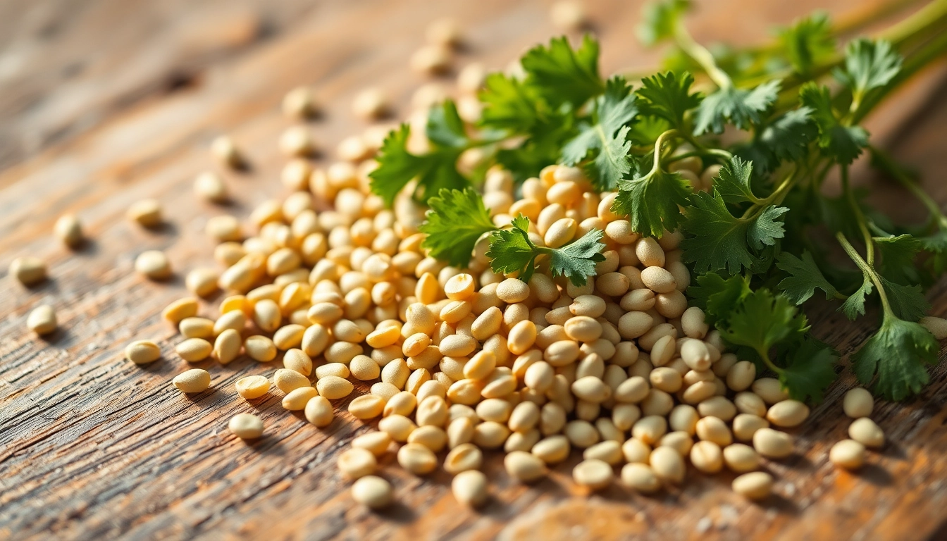 Coriander Seeds displayed in a bowl with vibrant green herbs and spices in the background for
